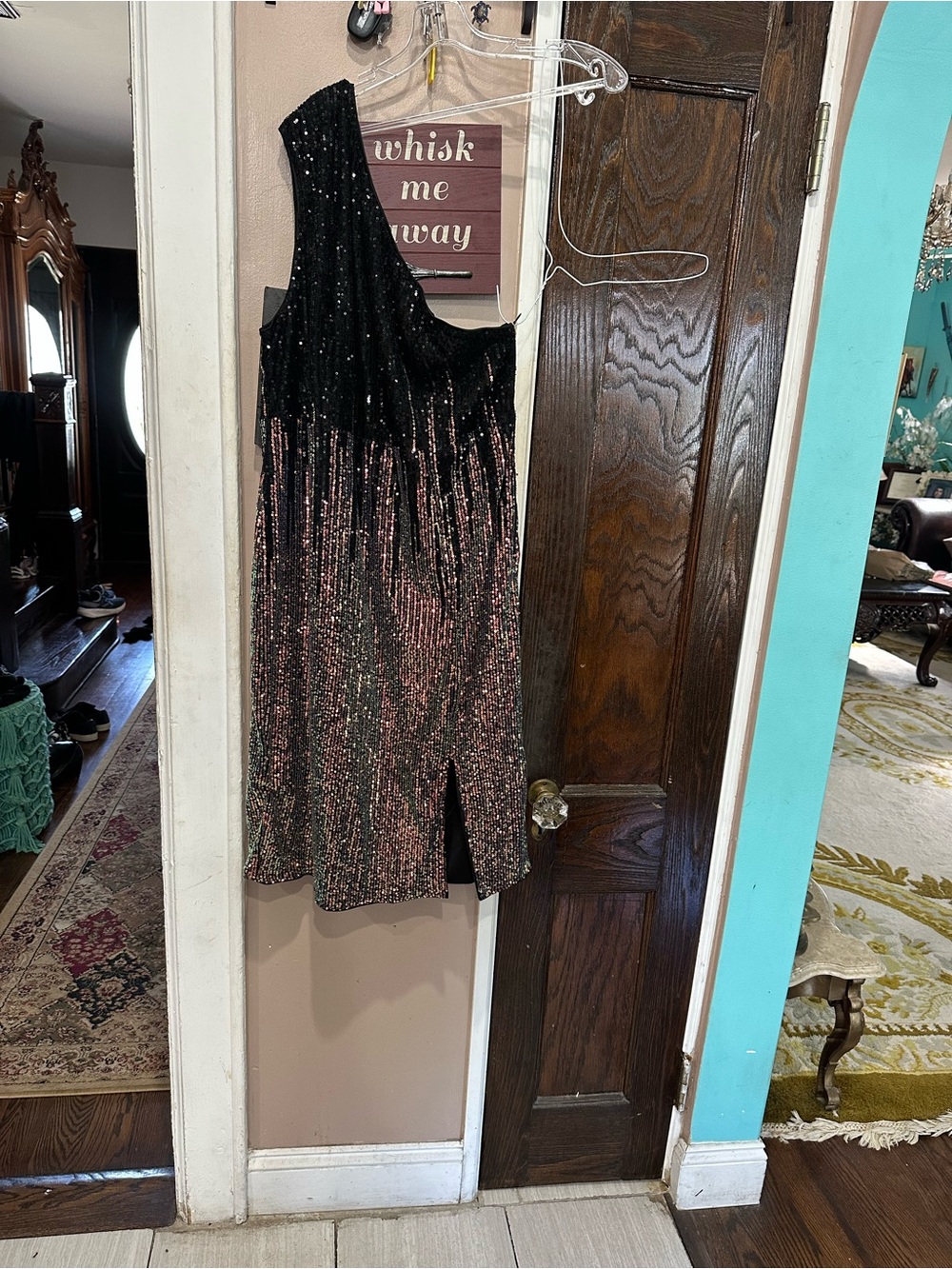 One-Shoulder Sequin Ombre Midi Dress in Black and Rose Gold